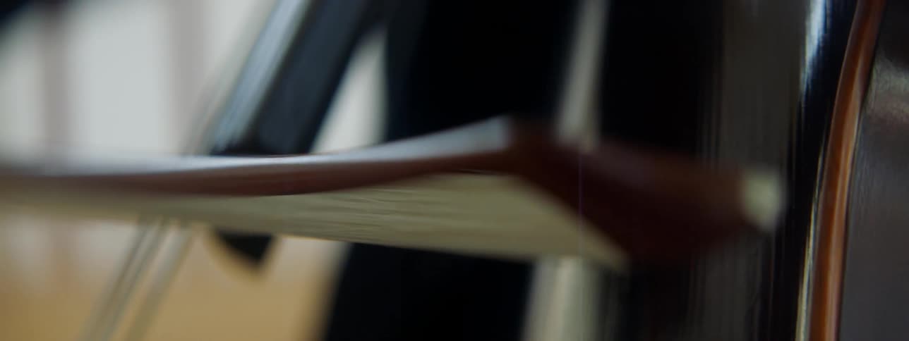 A bow is drawn across cello strings