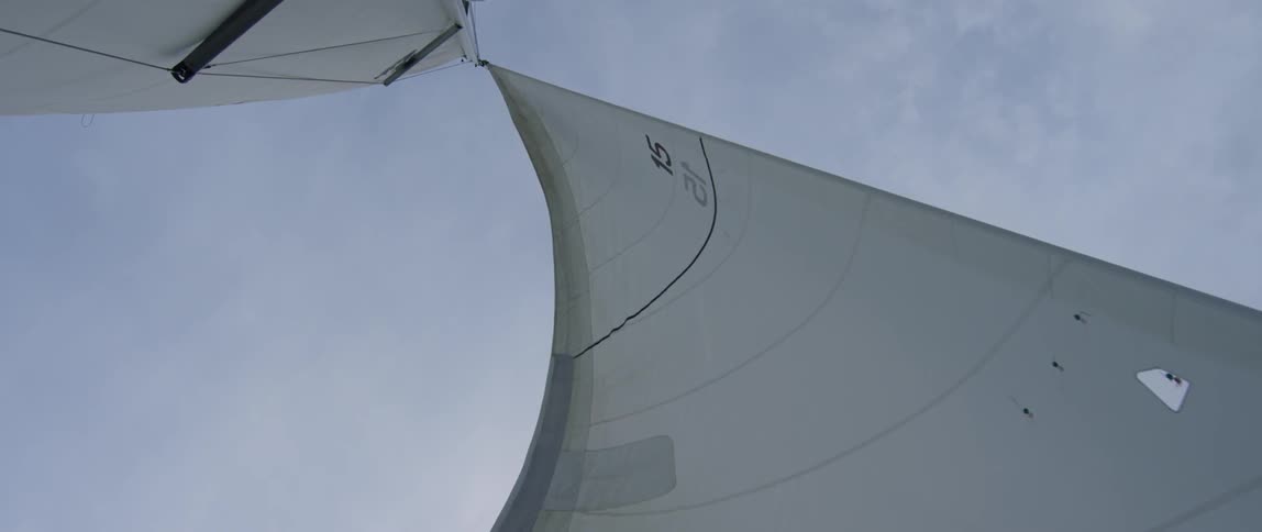 A raised sail billows out in the wind
