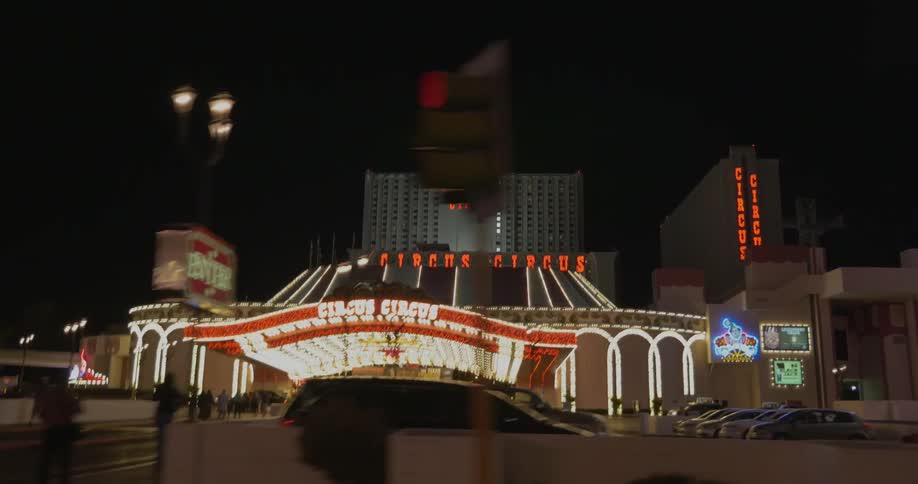 The lights shining at night on circus circus in las vegas