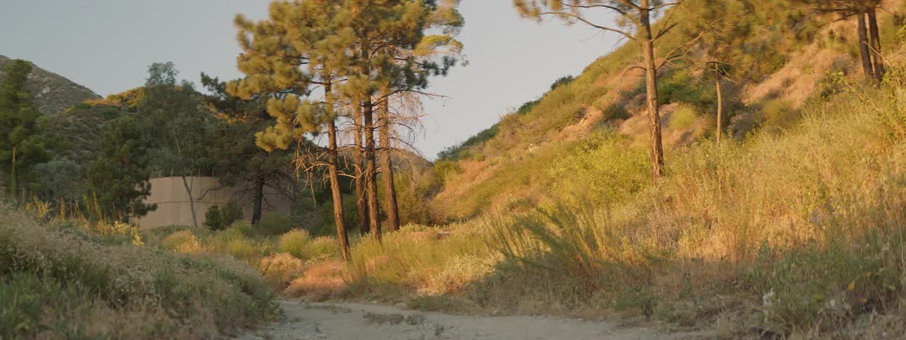 A man aiming a rifle follows another man on a path