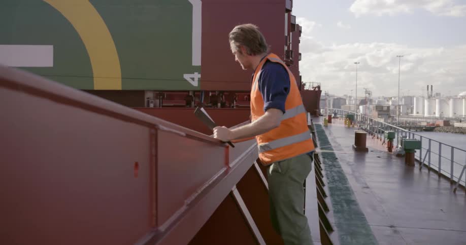 A man with a clipboard steps onto a metal railing