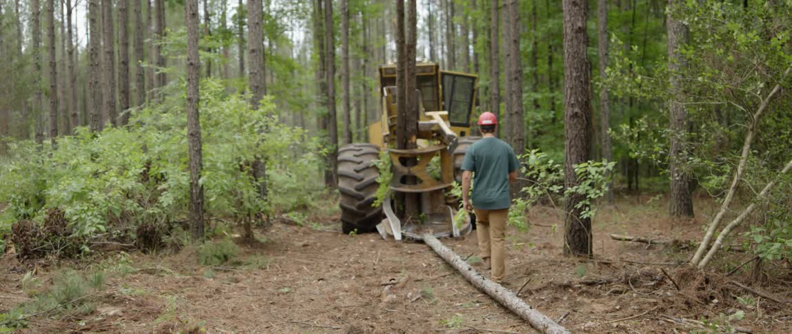 A man walks toward a tractor in the woods