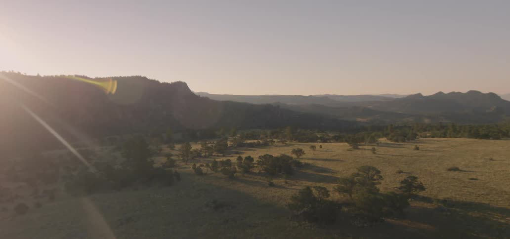 The field leads to mountains in the distance