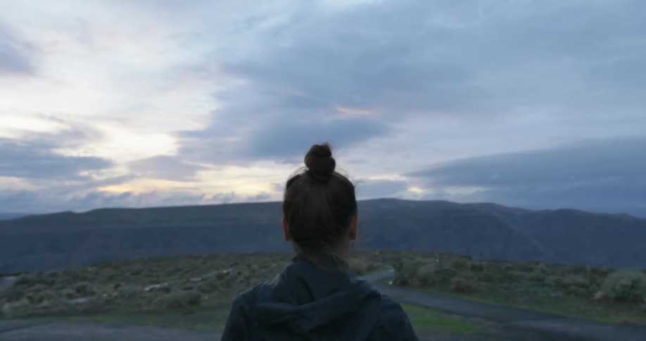 A woman stands and looks out over a landscape on a cloudy evening
