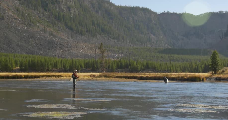 Man standing in the water fishing on a sunny day