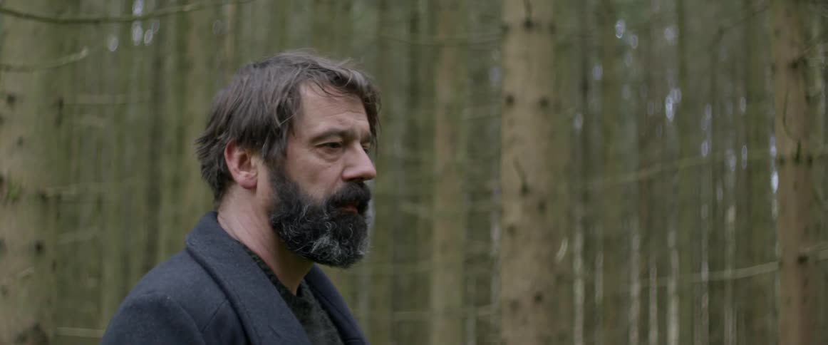 A man in an overcoat is walking through a forest during the day