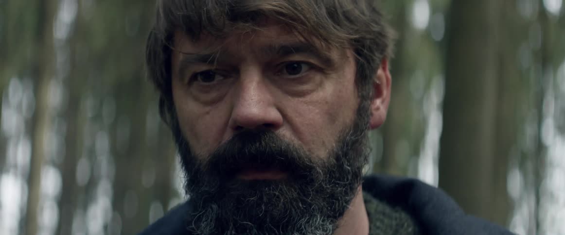 A man with a beard is standing in the middle of the woods