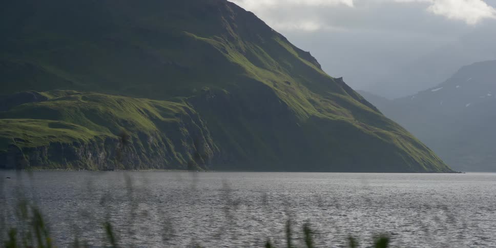A grassy cliff side next to a lake