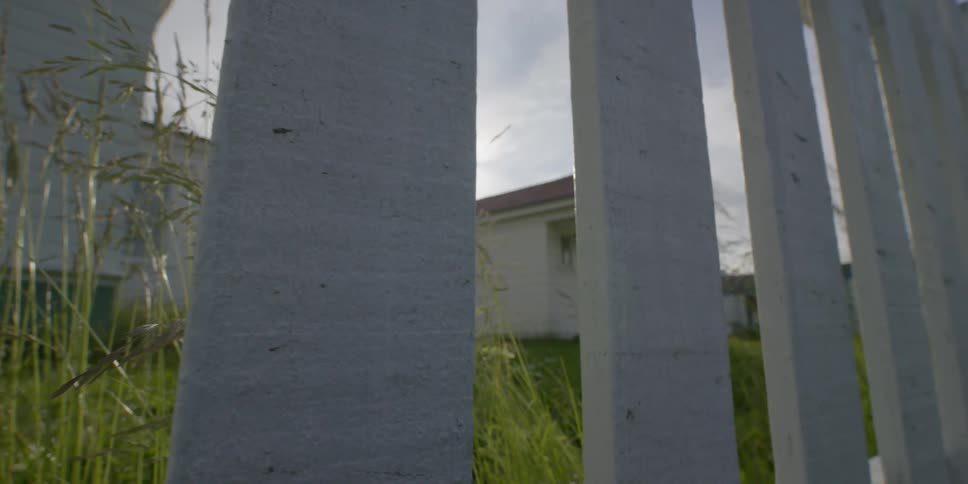 Grass blows in the wind behind a white picket fence