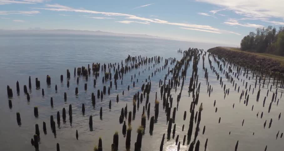 Overhead view of poles sticking out of large body of water