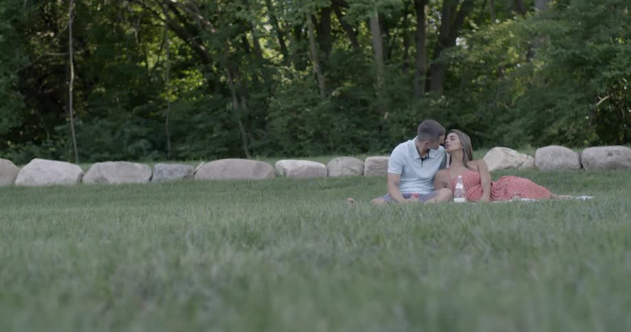 A couple is laying in the grass kissing