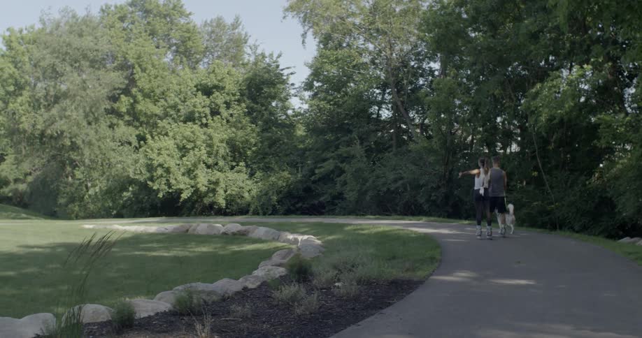A man and woman are rollerblading with their dog on a sunny day