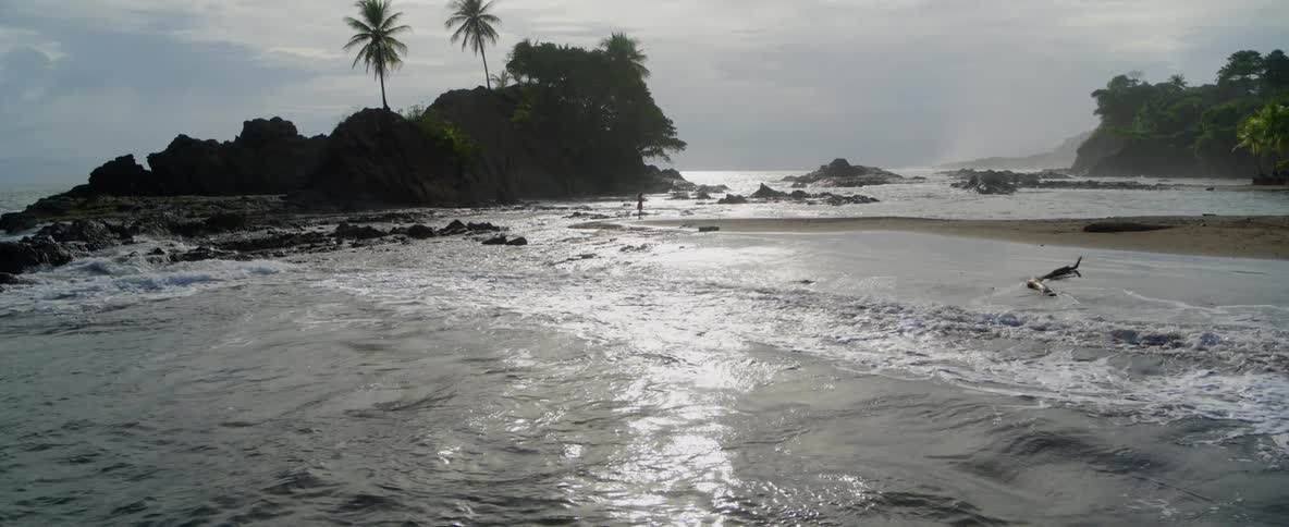 A person is standing on a strip of beach as waves wash ashore