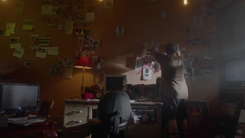 A man tapes newspaper clippings to the wall
