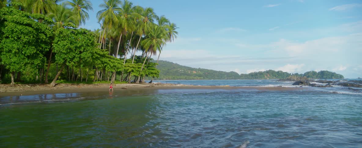 Aerial view of a person walking on a shoreline in a tropical area