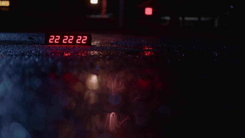 A digital timer displays all twos on a rainy road