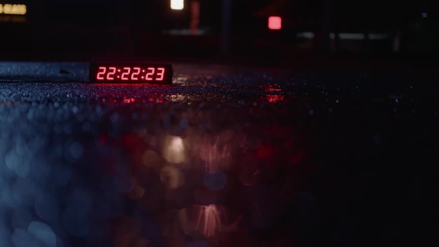 A timer sits on wet asphalt in the dark