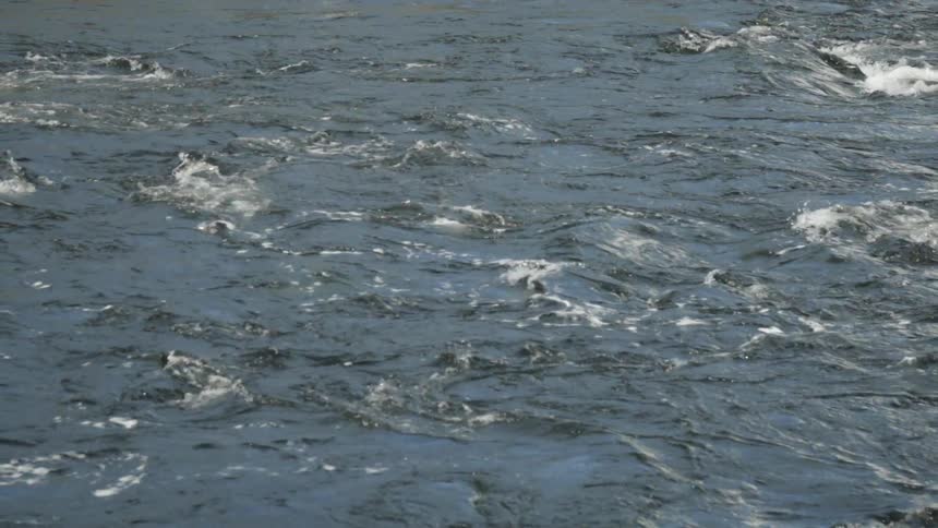 River water splashes and foams on a sunny day