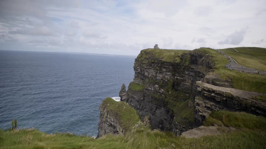 Waves flow towards the tall cliffs