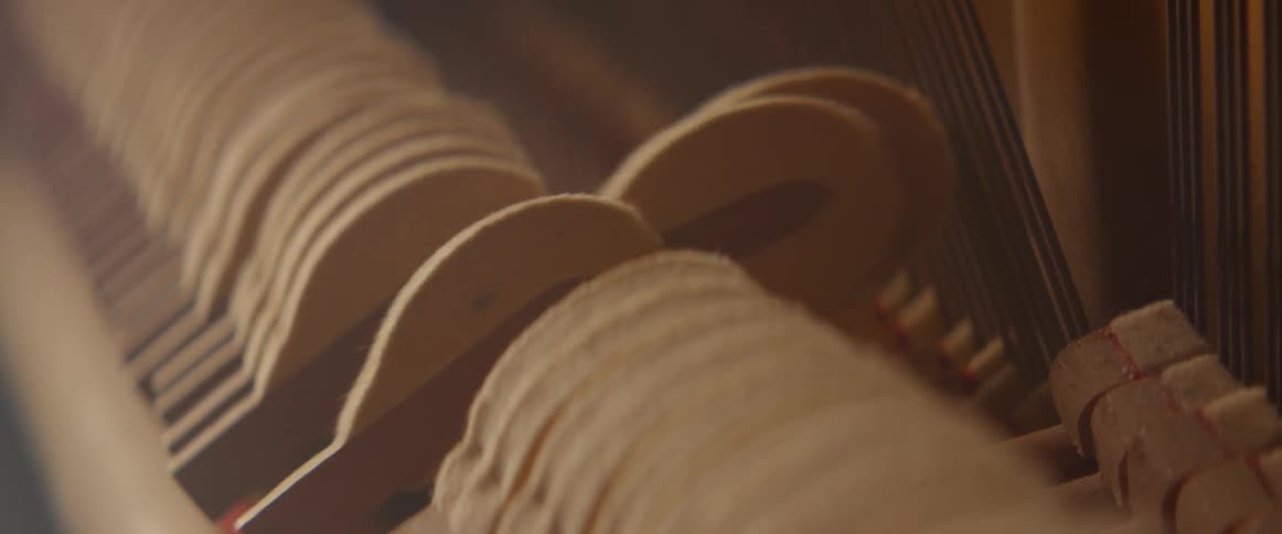 Inside a piano hammers strike the strings