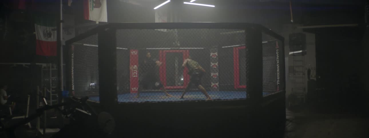 Two fighters spar in an octagon