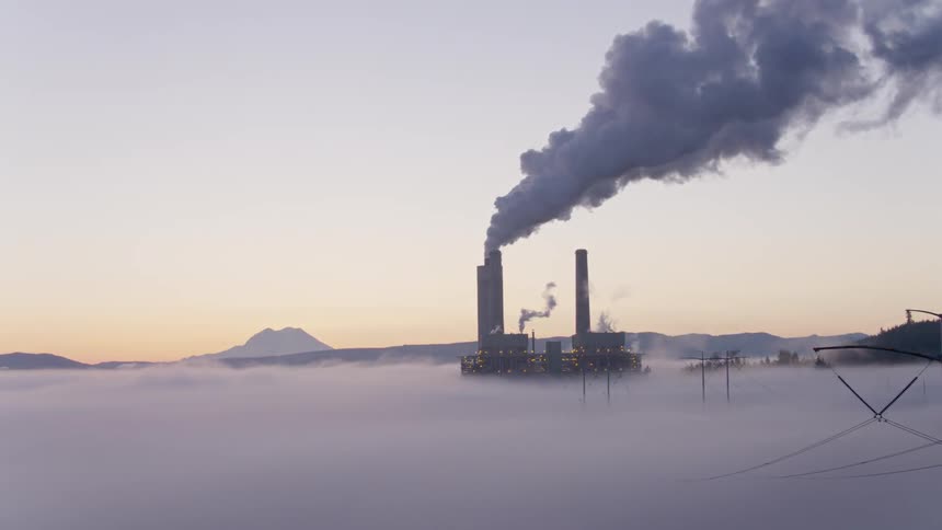 Flying over a stand of trees to reveal the smokestacks of a fossil fuel power station at dawn