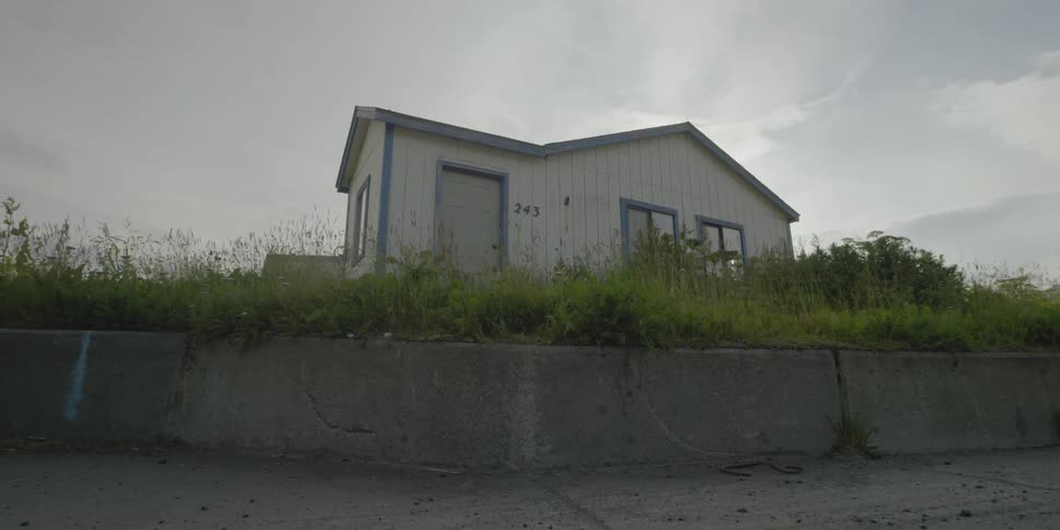 Grass and weeds grow over a retaining wall surrounding a house