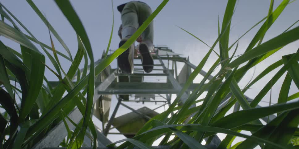 Person descending a tower as the sun shines above them