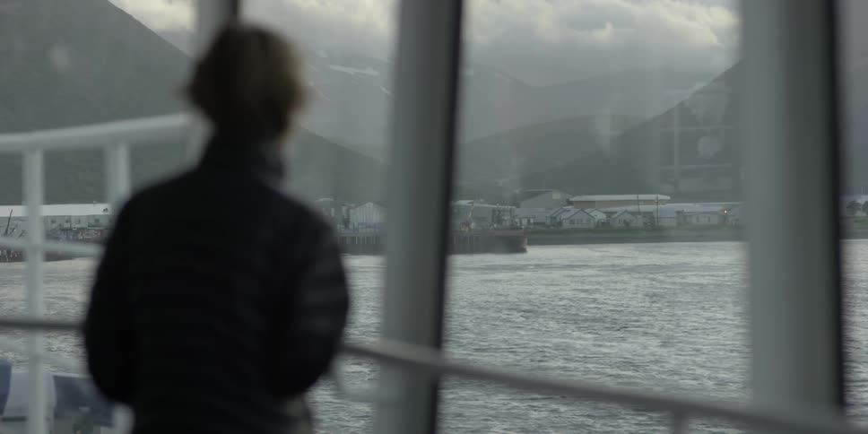 A person is looking at the view from a boat