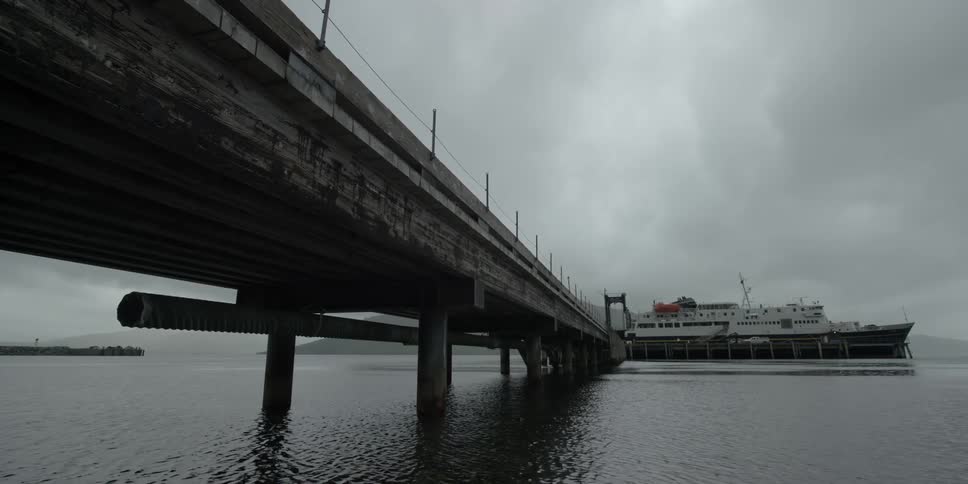 A bridge is crossing water towards a large ship