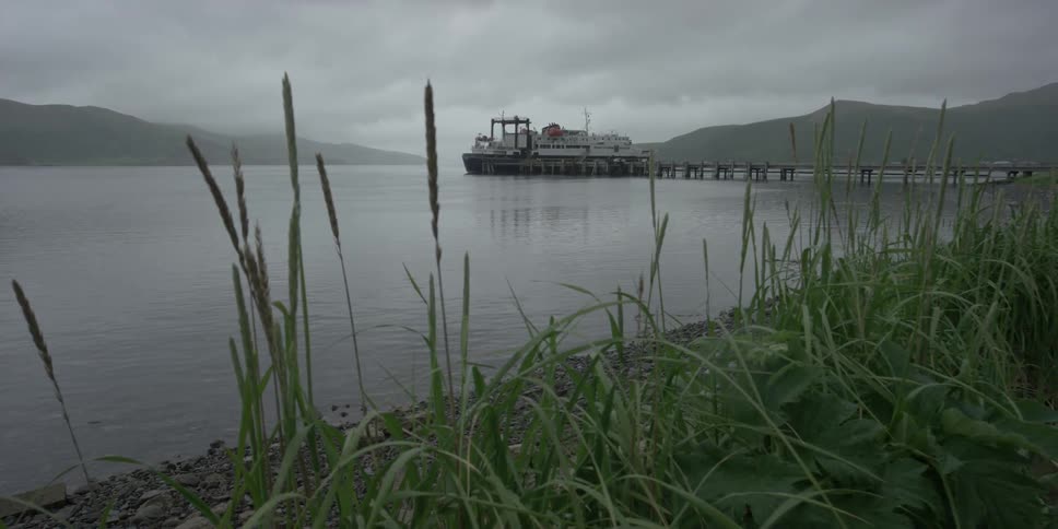 A ferry is docked near the pier on a cloudy day
