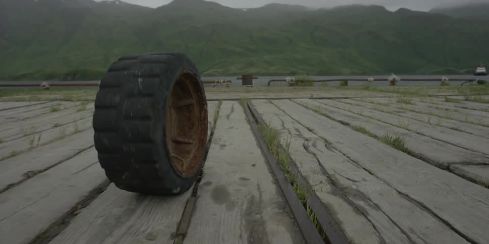 An old tire is rolling down some wooden planks