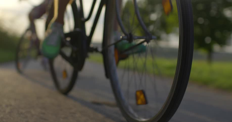 People ride their bikes down a paved path on a sunny day