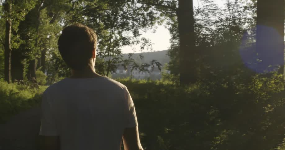 A man walks through the grass in the forest