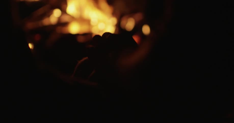 People hold hands next to a campfire at night