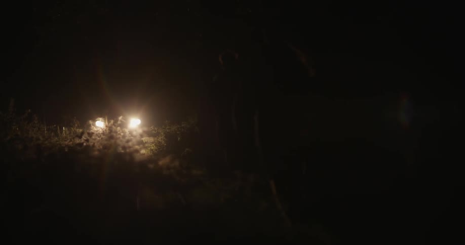 People run towards car headlights at night
