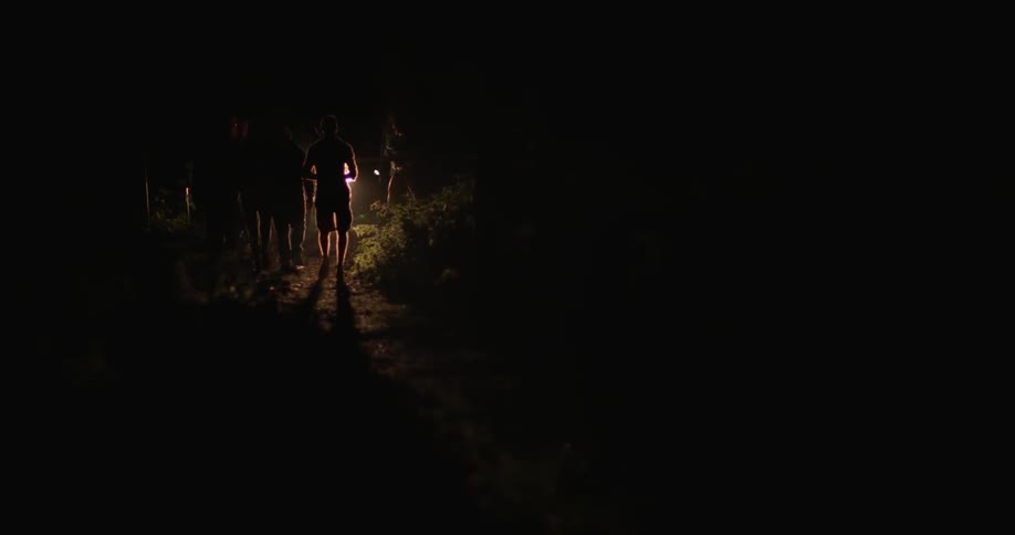 A group of people are walking on a dirt trail carrying flashlights at night