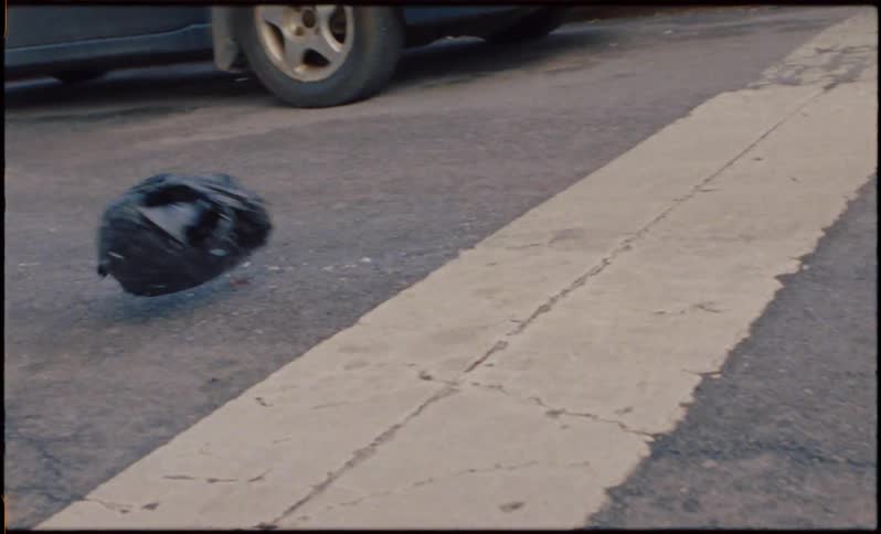 A plastic bag is blown down the city street