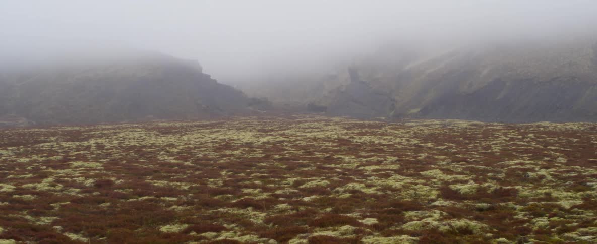 Fog lingers amid mountains and tundra during the day