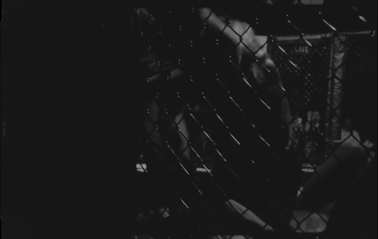 A fighter is wailing on another fighter in a bout in a cage