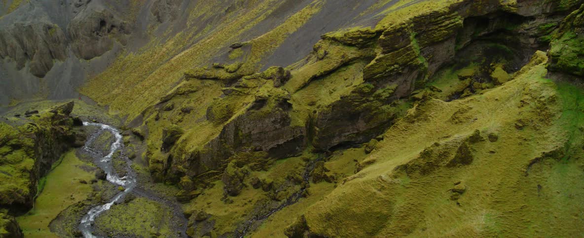 A river flows through mossy mountains