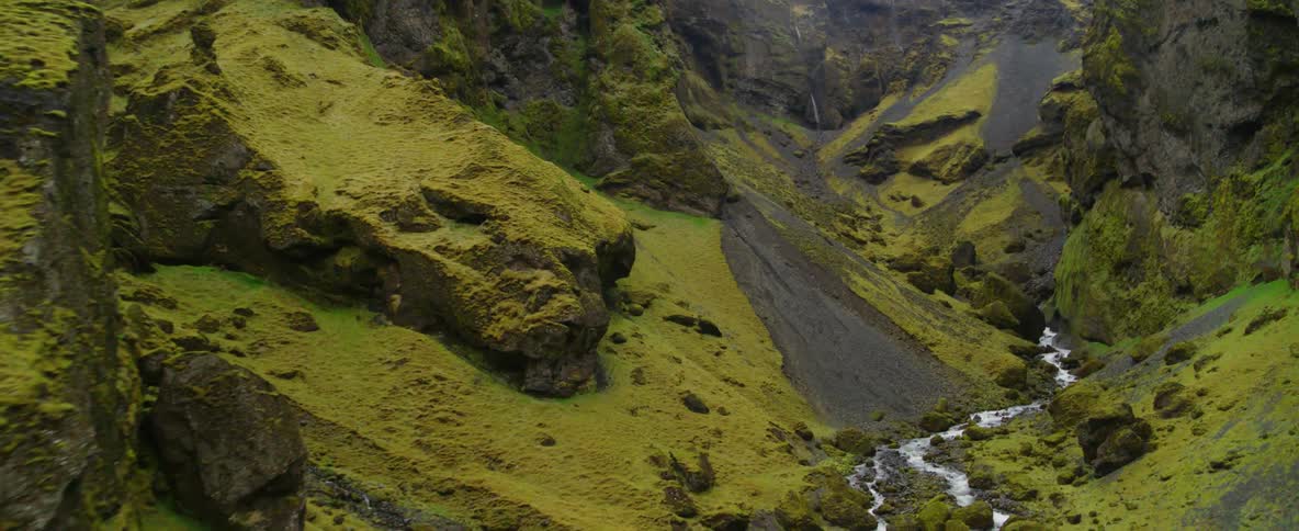 A river is flowing rapidly through a mountain ravine during the day
