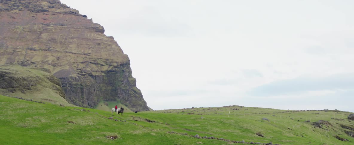 People on horseback stop and look out over a grassy ridge