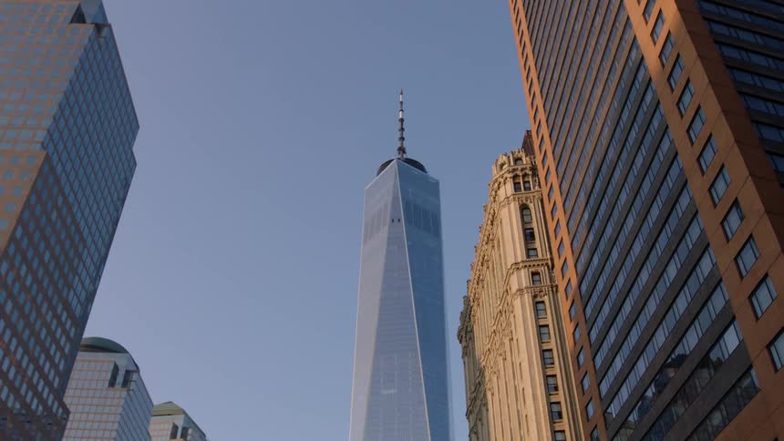 City skyscrapers tower overhead on a clear day