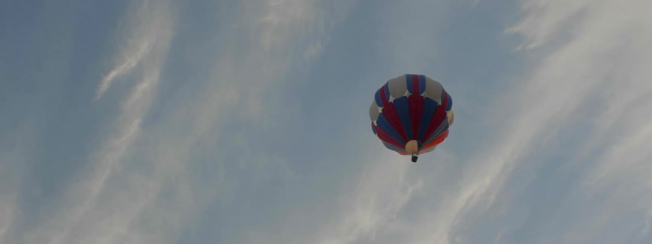 A hot air balloon floats in the sky