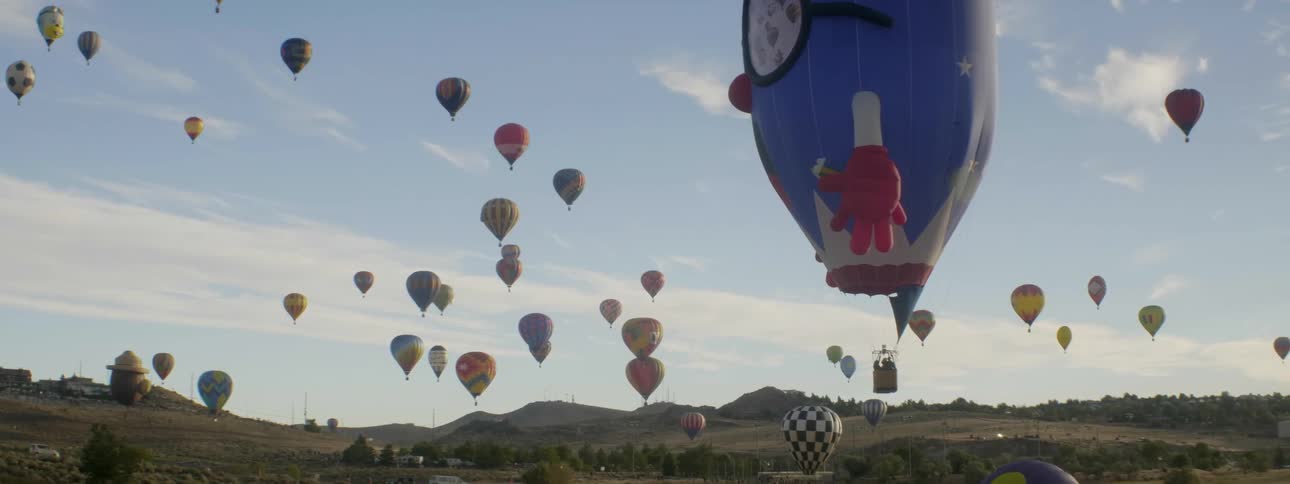 Hot air balloons fly in the sky