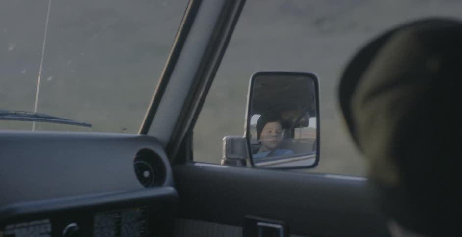 A boy looks out the window while riding in a car
