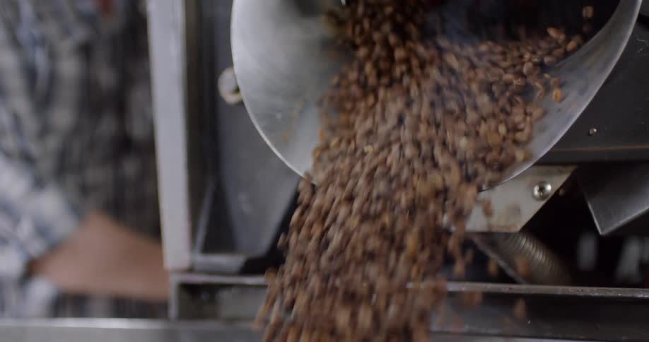 Coffee beans are pouring from a machine