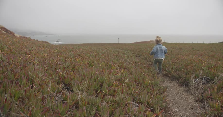 A toddler is walking down a dirt path towards the ocean