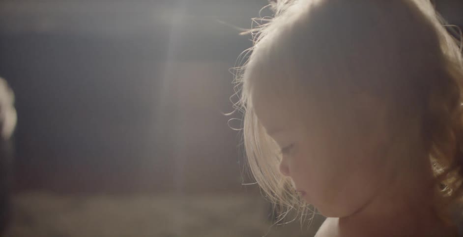 Sunlight shines down on a toddler that is looking at a book